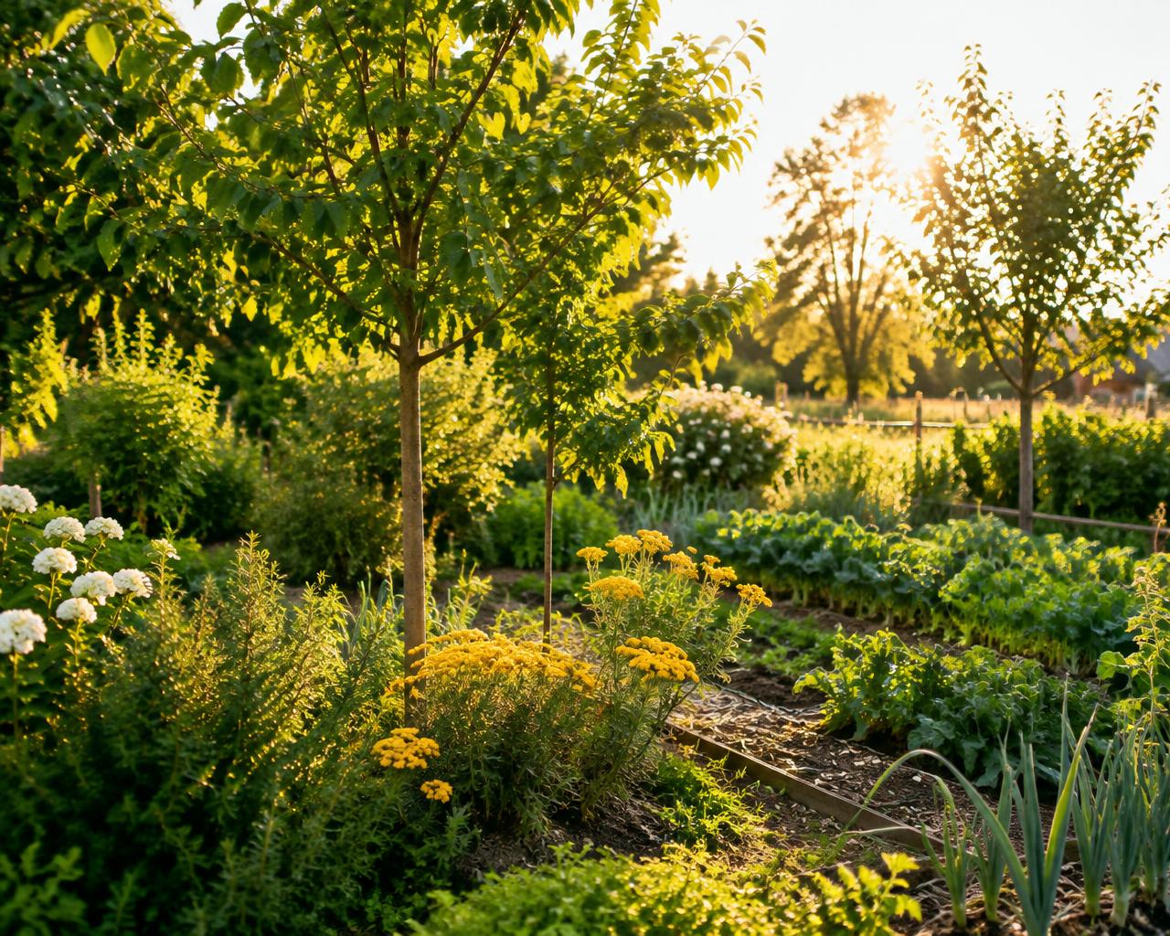 A sunlit garden with young trees, yellow flowers and vegetable beds